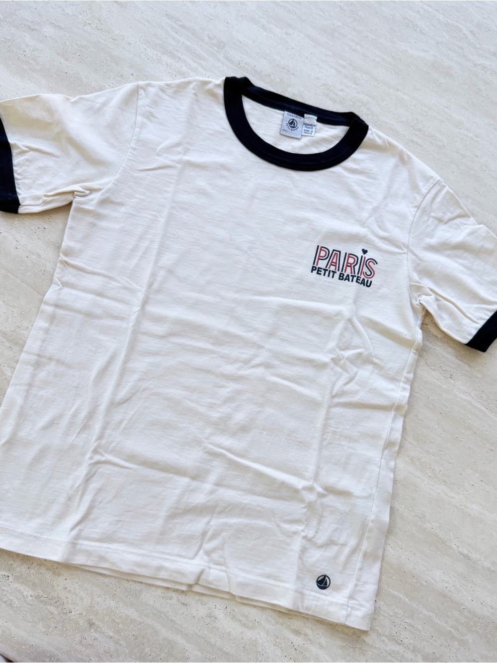 Petit Bateau White Tee with Black Ringer and Paris Graphic